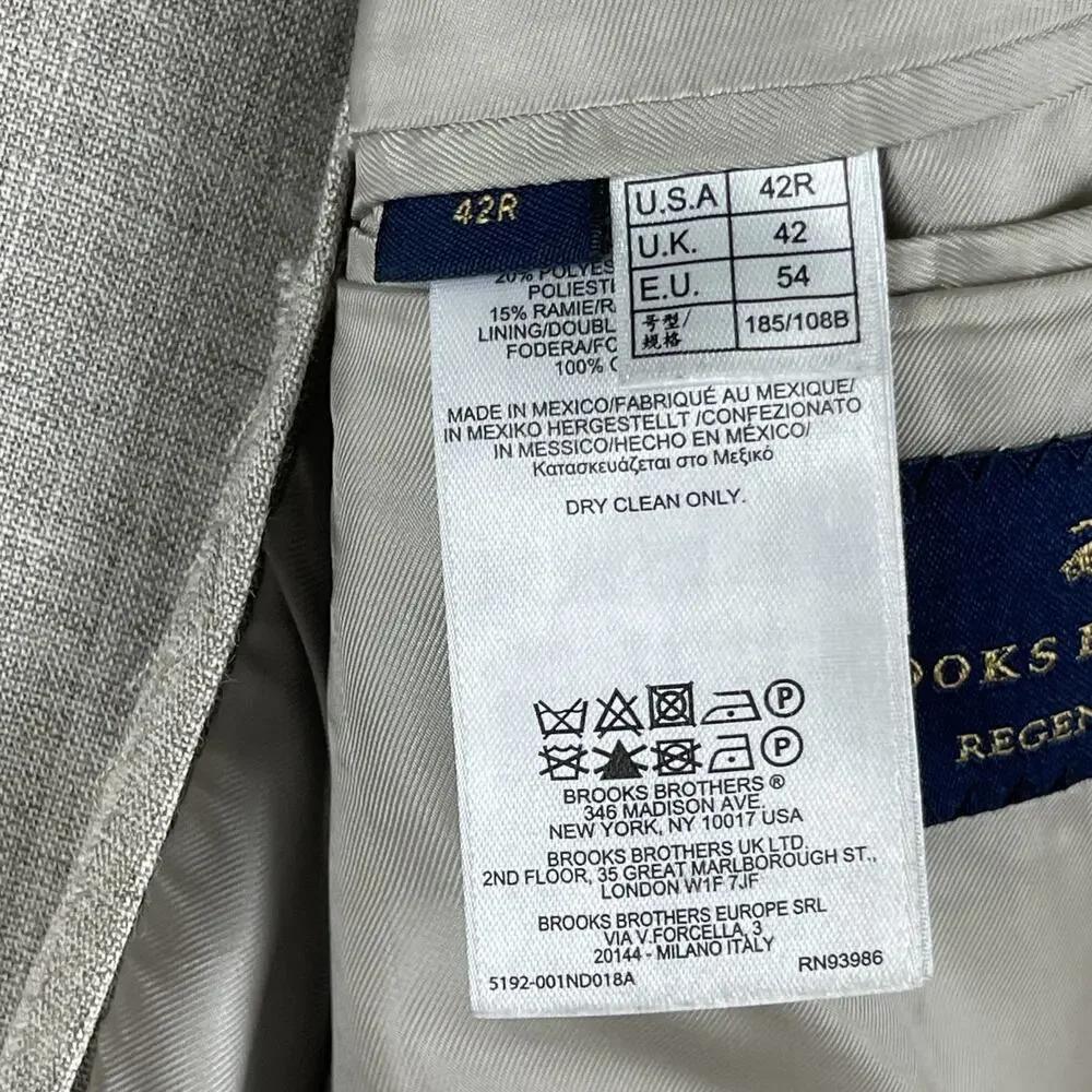 Brooks Brothers‎ Regent Fit Blazer Sport Coat Mens 42R Beige Wool Ramie 2 Button